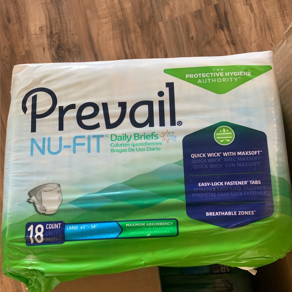 Prevail briefs. Nu-fit. Large 48-58”. 18 per pack. 10 packs. 5$/pack. 20$for all